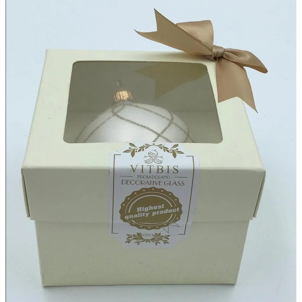 NIB Vitbis Poland Hand Blown Glass Christmas Ornament White Gold Glitter Luxe 4